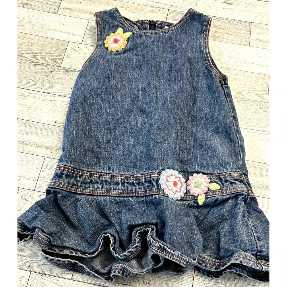 Gymboree Vintage 2005 Denim Embroidered Jumper Floral Color Thread Dress Size 2T